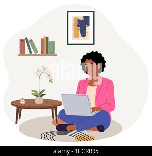 Woman sits cross-legged, focused on her laptop Stock Vector