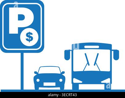 Vector illustration of a paid parking lot with cars and buses Stock Vector