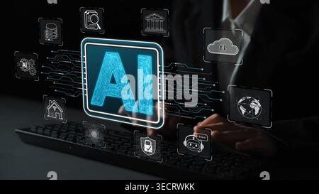 Futuristic Concept of Artificial Intelligence with Digital Elements and Typing Hands on Keyboard Representing Technology and Innovation Sigmoid Stock Photo