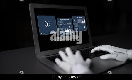 Robot Hand Interacting with Laptop Displaying Data Analytics and Marketing Information on Dark Background Quark. Stock Photo