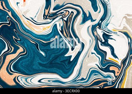 Fluid art marble texture with swirling navy, white, and gold veins, forming a modern abstract background. Elegant stone-like pattern ideal for brandin Stock Photo