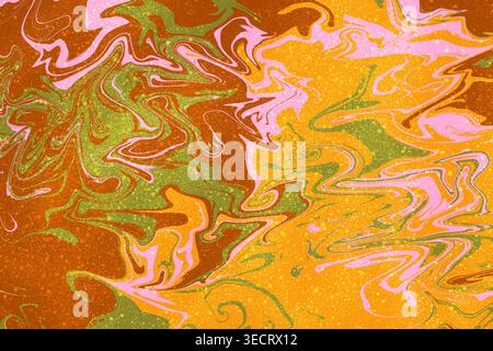 Vibrant abstract fluid art with marbled swirls of ochre, green, and pink, creating a seamless marble texture background with organic waves, depth, and Stock Photo
