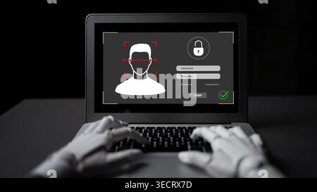 A robotic hand interacts with a laptop displaying a biometric login interface, showcasing advanced face recognition technology for enhanced digital Stock Photo