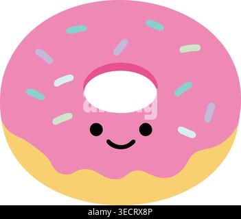 Cute illustration of a donut with pink frosting colorful sprinkles and a happy smiling face Stock Vector