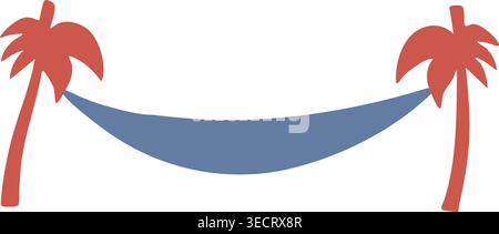 Simple illustration of a blue hammock suspended between two palm trees in a tropical setting Stock Vector