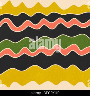 Mid century modern abstract pattern featuring geometric wavy stripes in mustard, coral, olive and black. Retro textured seamless background for wallpa Stock Photo