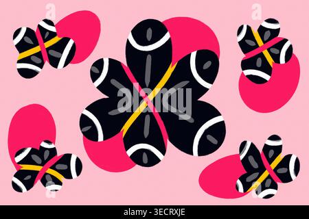 Abstract background featuring organic floral shapes with bold black forms, white highlights, and pink and yellow accents on a soft pastel backdrop, cr Stock Photo