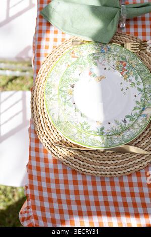 Rustic Easter lunch on a sunny farm table, featuring a gingham cloth, woven placemat and floral bunny plate, ready for guests and a playful Easter bun Stock Photo