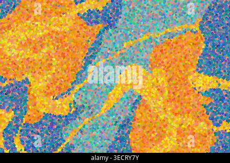 Colorful abstract mosaic texture with orange, yellow, and blue confetti-like dots forming flowing shapes; modern digital art background for design, pr Stock Photo