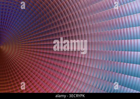 Abstract radial grid pattern background with a woven texture in red and blue gradients, creating a dynamic tunnel effect and modern geometric depth fo Stock Photo