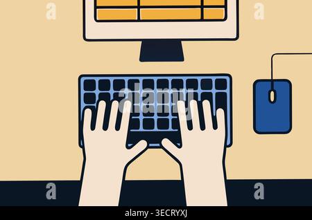 A person uses both hands to type on a black keyboard that is placed on a desk. The computer screen displays a spreadsheet with yellow cells. Stock Photo