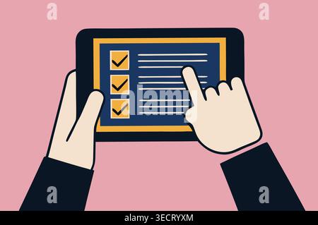 A person is using a tablet to mark tasks on a list. The tablet has items displayed with checkboxes. The background is pink and the design is minimalis Stock Photo