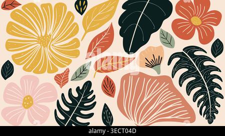 Various plants and flowers in vibrant colors are arranged on a light background. The display includes different shapes and sizes created for design wo Stock Photo