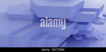Abstract composition featuring stacked hexagonal shapes in various sizes and shades of blue, creating a modern and dynamic geometric background. Stock Photo