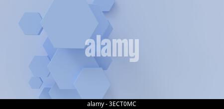 An abstract image featuring three-dimensional hexagons in varying sizes on a soft blue background. The geometric pattern creates a modern and dynamic Stock Photo
