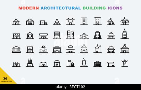 Collection of modern architectural building icons in black and white Stock Vector