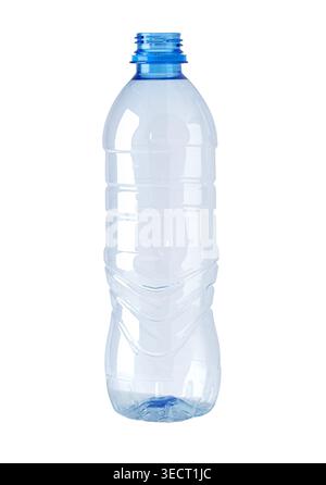 Empty clear plastic water bottle with a blue cap on a transparent background, symbolizing recycling and waste Stock Photo