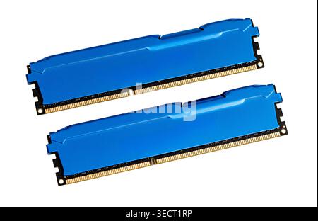 Two blue ram memory modules providing fast data processing for computers Stock Photo
