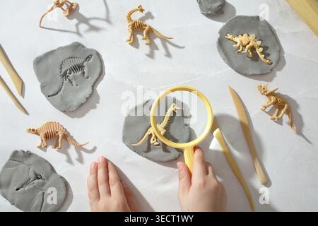 Child uses a magnifying glass to study dinosaur skeleton toys pressed in modeling clay, a tactile paleontology STEM activity for homeschooling that bu Stock Photo