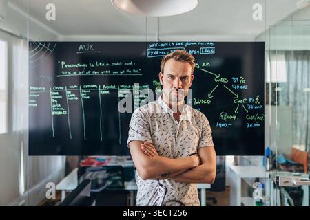 Confident software developer stands with arms crossed in a modern glass-walled office, with a blackboard full of code, diagrams, and project planning Stock Photo