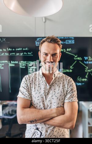Confident young designer stands with arms crossed in a modern office, smiling in front of a chalkboard filled with diagrams, notes, and workflow plann Stock Photo