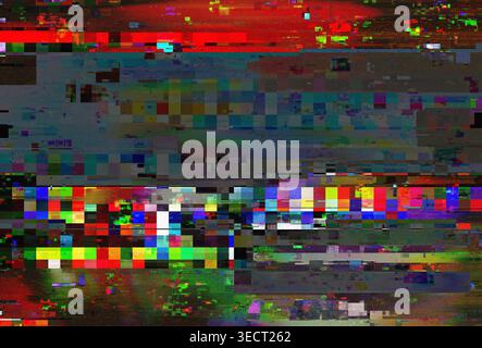 A vibrant and colorful abstract glitch pattern showcasing pixelated textures and digital irregularities. The image features a mosaic of multi-colored Stock Photo