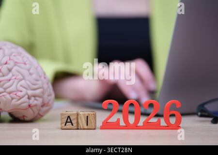Exploring the future of artificial intelligence with a focus on 2026 in a modern workspace Stock Photo