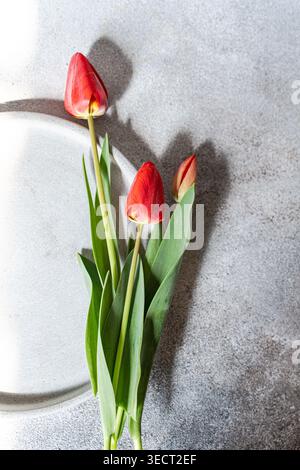 Top view of fresh red tulips with green leaves resting on a ceramic plate on a grey table surface, styled as a minimal floral still life with soft nat Stock Photo