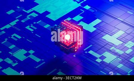 A cube floats in a digital space filled with data patterns. Bright lines surround the cube, showing the impact of AI. Stock Photo