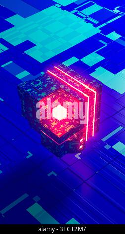 A cube floats in a digital space filled with data patterns. Bright lines surround the cube, showing the impact of AI. Stock Photo