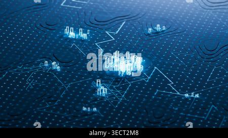 Digital data points show connections and patterns on a technology background. This scene captures modern technological designs and data flows. Stock Photo