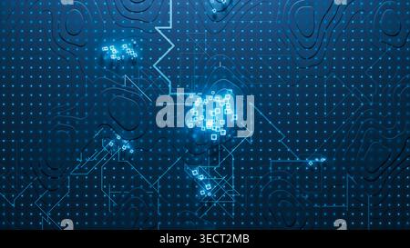 Digital data points show connections and patterns on a technology background. This scene captures modern technological designs and data flows. Stock Photo