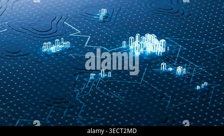 Digital data points show connections and patterns on a technology background. This scene captures modern technological designs and data flows. Stock Photo