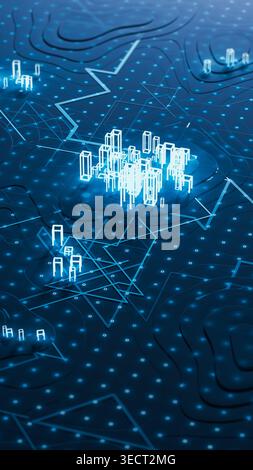 Digital data points show connections and patterns on a technology background. This scene captures modern technological designs and data flows. Stock Photo