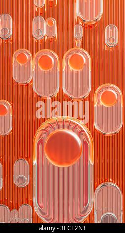 Glossy glass buttons rest on a bright orange surface with stripes. The design shows a mix of shapes and sizes of buttons placed evenly. Stock Photo