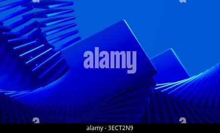 A blue spiral structure background formed by luminous panels creates a sense of motion and depth. Stock Photo