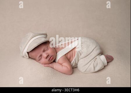 Peaceful sleeping newborn baby lying on a soft beige blanket, dressed in a cozy neutral outfit with suspenders and cap, capturing tenderness, comfort, Stock Photo