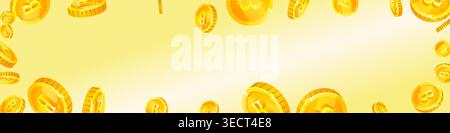 Bitcoin coins falling. Cryptocurrency scattered gold BTC coins. Internet currency. Global financial crisis concept. Panoramic vector illustration. Stock Vector