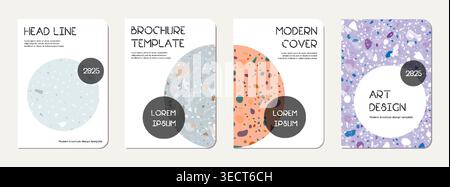Note book cover design. Terrazzo abstract background made of natural stones, granite, quartz and marble. Venetian terrazzo texture note book template. Stock Vector