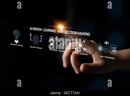 AI-Driven Learning and Decision Making with Brain and Technology Icons in a Dark Environment for Business and Innovation Concepts Haptic. Stock Photo