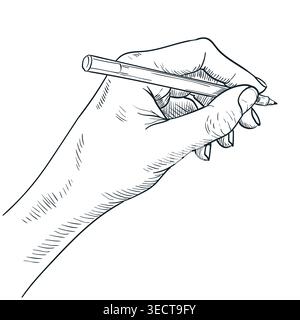 Human hand holding pen or pencil and writing. Vintage hand drawn sketch vector illustration. Engraving style linear art isolated on white background Stock Vector
