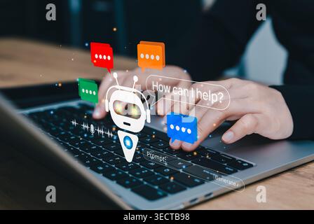 Generative AI chat concept for prompt based online work. Person using laptop with virtual robot assistant, colorful message bubbles, voice input, and Stock Photo