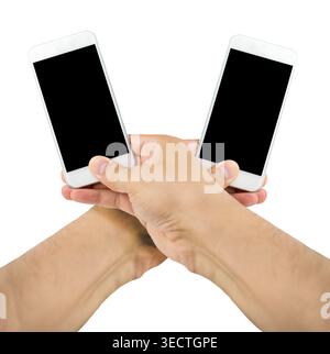 hand holding a two smart phones with white background Stock Photo