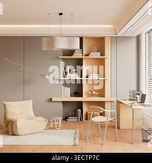 Minimal workspace with wooden desk cozy lounge chair neutral tones and soft daylight creating comfortable modern home office environment. 3D illustrat Stock Photo