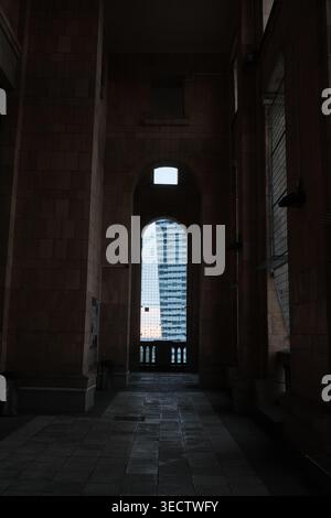 Concrete Frame Views Distant City Skyline Stock Photo