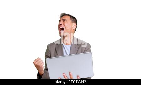 Businessman celebrating success holding laptop with transparent background Stock Photo