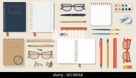 Ultimate Back to School Stationery Collection Vector Large Set of Notebooks Pens Glasses and Art Supplies in Classic Kraft and Modern Styles for Stock Vector