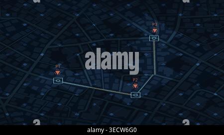 Route on the map of city, with buildings and roads. Vector illustration on black background Stock Vector