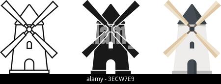 Windmill building icon set collection in flat style. Wind energy vector illustration on isolated background. Farming agriculture sign business concept Stock Vector