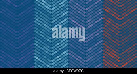 Abstract dark spotted vector pattern with blue, purple and red dots forming wavy zigzag lines. Modern geometric background design perfect for digital Stock Vector